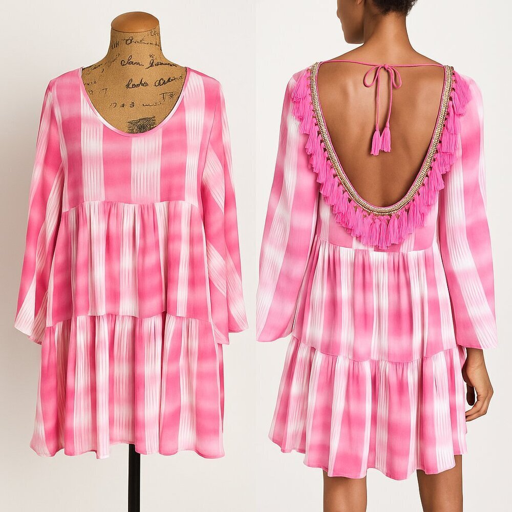 NWT Laura Jane Paris - Pink & White Tassel Open-Back Baby Doll Dress - Size OS​​